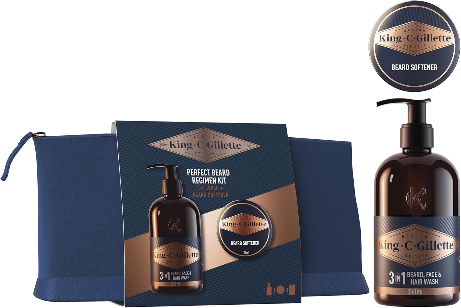 Coffret barbe homme King C. Gillette avec nettoyant 3-en-1, baume adoucissant et trousse de voyage