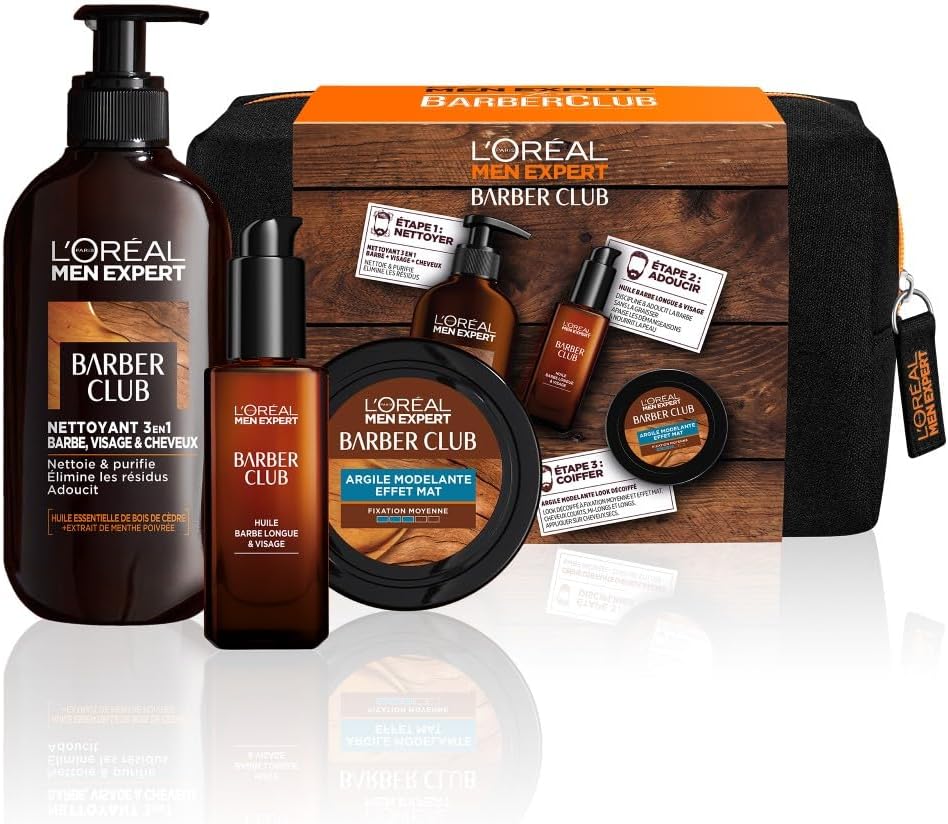 Coffret barbe homme L'Oréal Men Expert BarberClub avec nettoyant, huile, crème coiffante et trousse