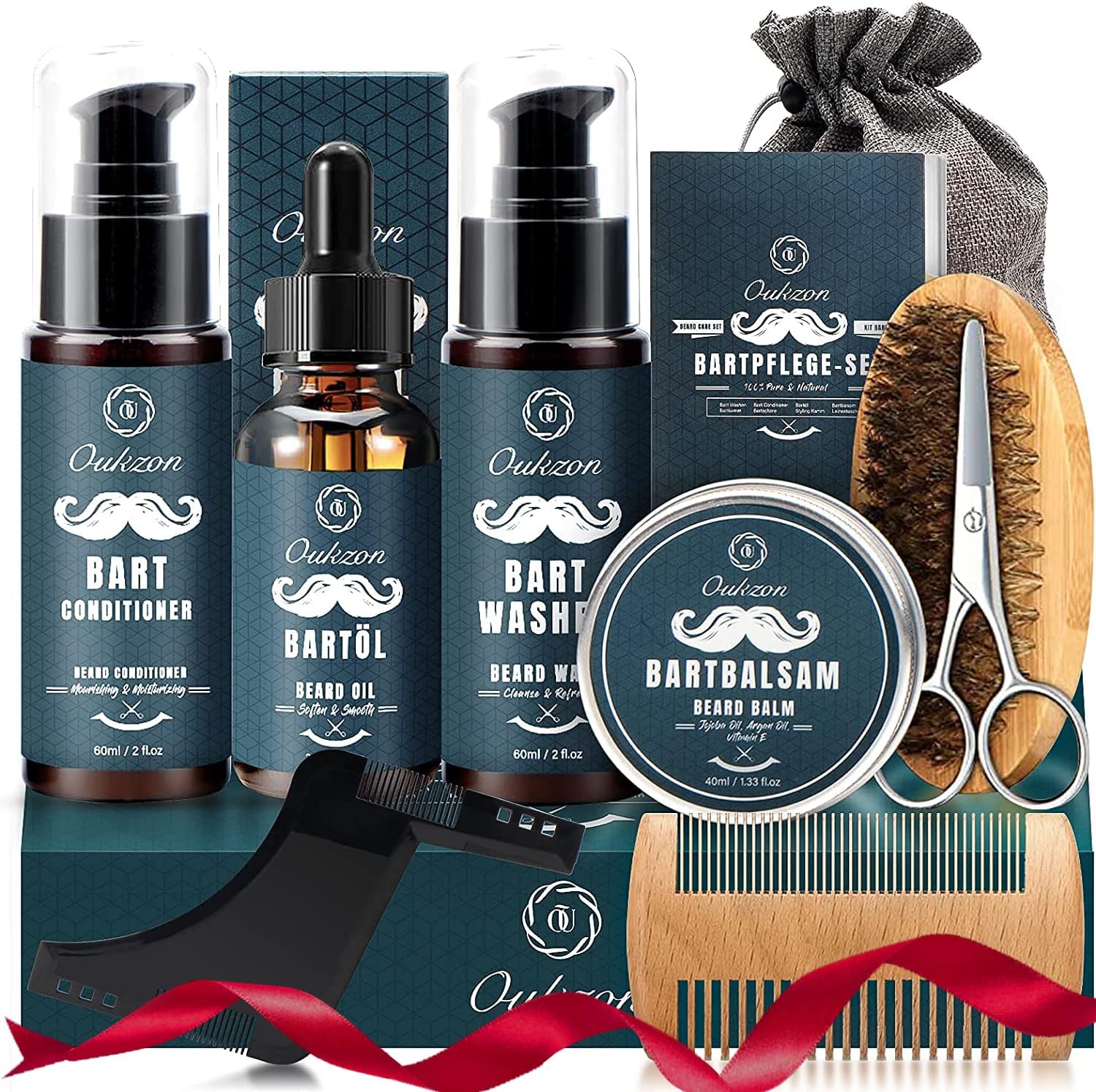 Coffret barbe homme Oukzon 10 en 1 avec shampooing, huile, baume, peigne, brosse et ciseaux