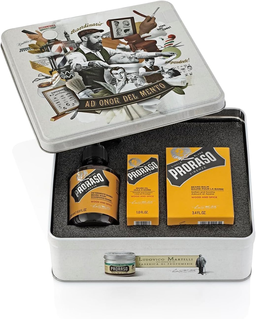 Coffret barbe homme Proraso Wood and Spice avec nettoyant, baume et huile dans une boîte métallique