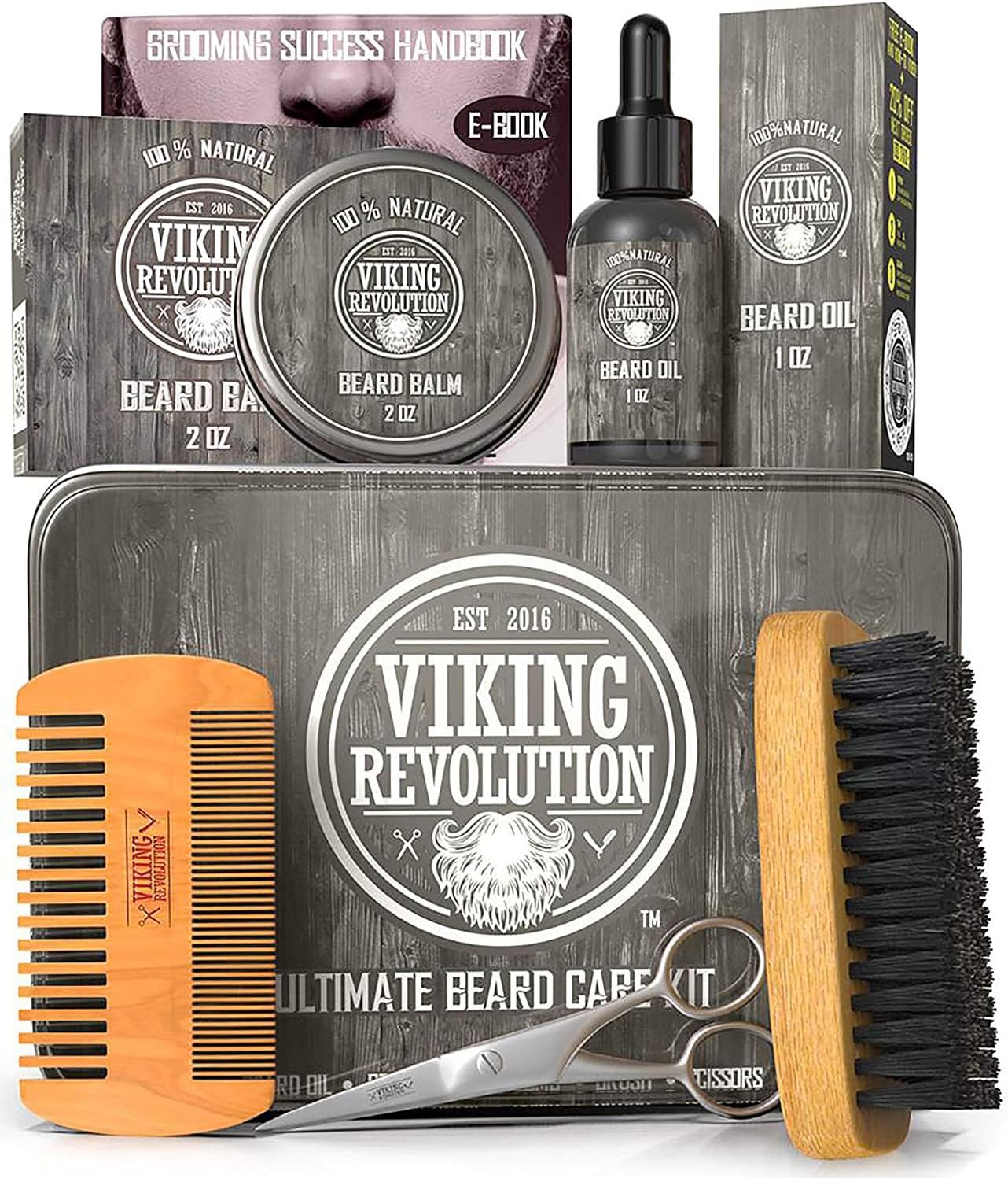 Coffret barbe homme Viking Revolution avec brosse, peigne, huile, baume et ciseaux dans sa boîte métallique